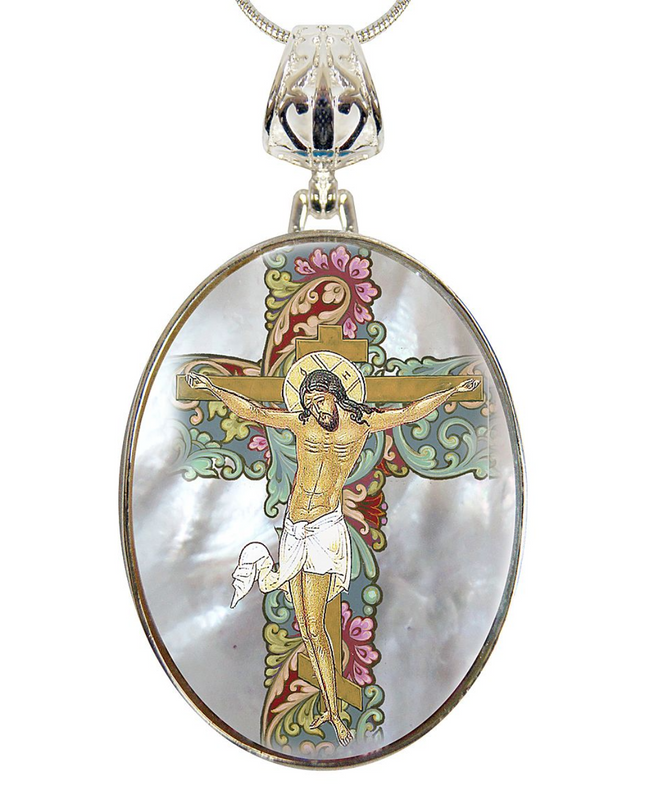 Jesus Cross Silver-Plated Mother of Pearl Necklace Jewelry - 43030-0