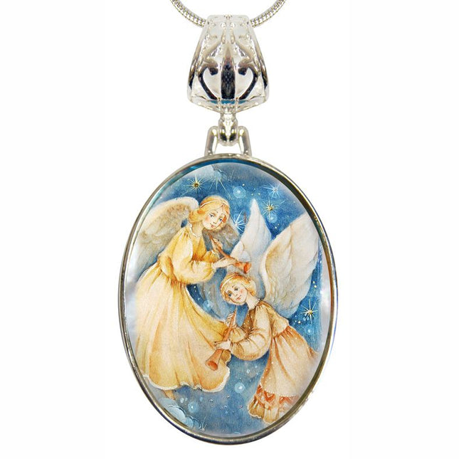Angels Watching Over Silver Plated Mother of Pearl Jewelry Necklace - 43046-0