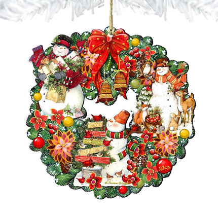 Snowy Christmas Wreath Wooden Ornaments by G DeBrekht and Susan Winget - Santa and Snowman Decor - Item 8185307-4-SW-4