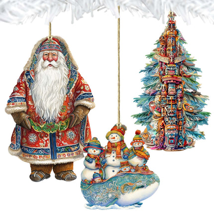 Santas Around the World - Alaskan Inspired Santa - Wooden Ornaments Set of 3 by G. DeBrekht Christmas Santa Snowman Decor - 8091314S3-2