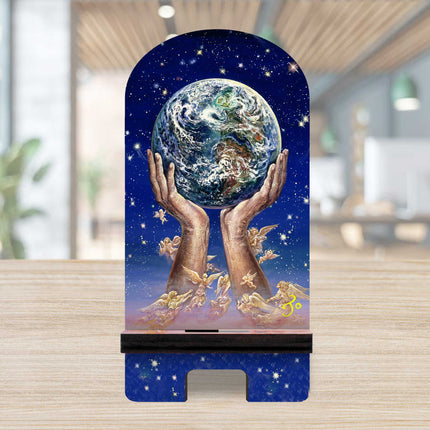 World In My Hands Cell Phone Stand Inspirational Decor Wood Mobile Tablet Holder Charging Station Organizer by Josephine Wall - 892081-JW-2