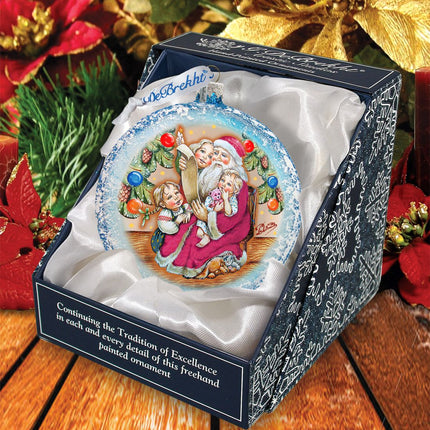 Santa List Circle Glass Ornament by G. DeBrekht - Christmas Santa Snowman Decor - 744-011-3