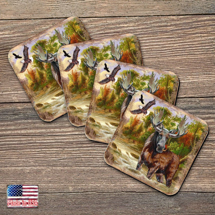 Moose Wooden Cork Coasters Gift Set of 4 by Nature Wonders - Nature Wildlife Decor  - 95216-2C-S4-0