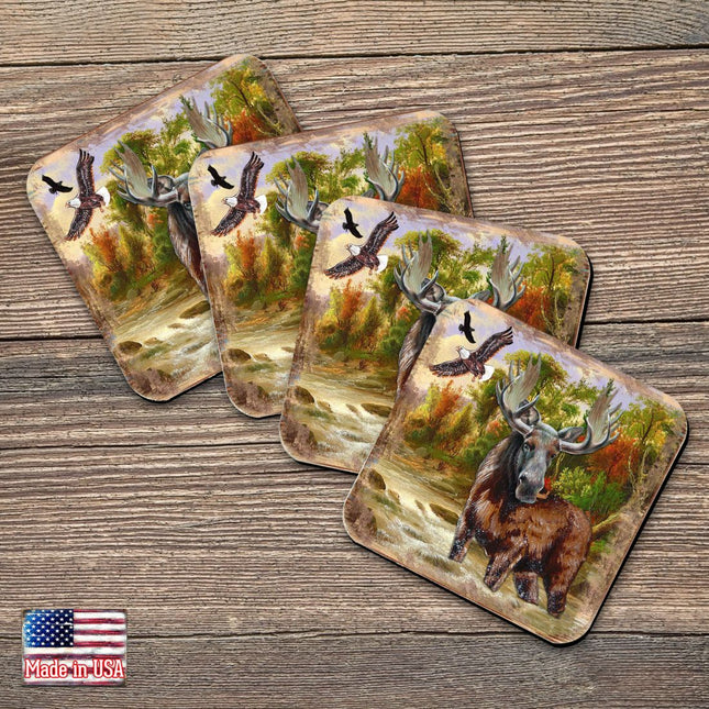 Moose Wooden Cork Coasters Gift Set of 4 by Nature Wonders - Nature Wildlife Decor  - 95216-2C-S4-0