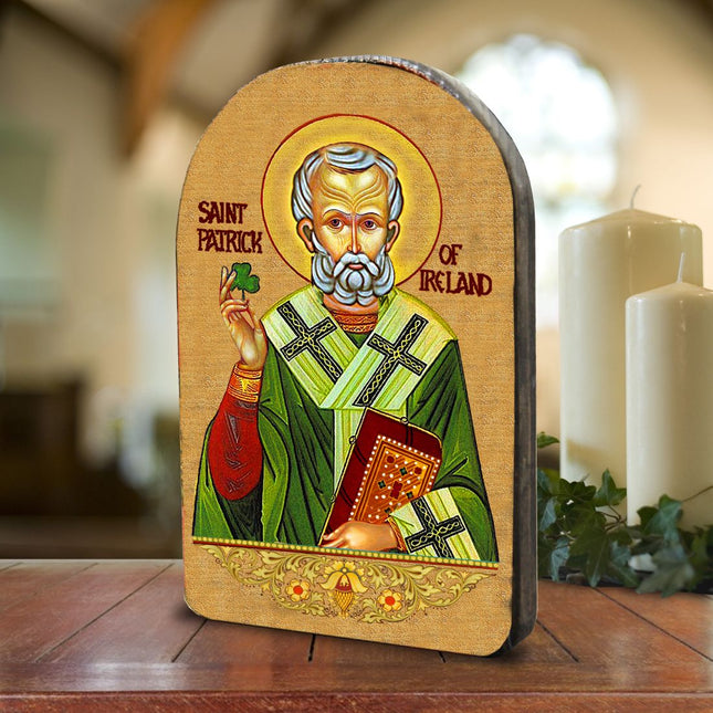 Saint Patrick Wooden Gold Plated Religious Celtic Sacred Icon - Inspirational Icon Decor - 86060-0