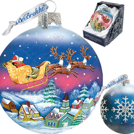 Santa on Sleigh Ball Glass Ornament by G. DeBrekht - Christmas Santa Snowman Décor - 73311-4