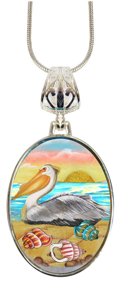 Pelicans Birds at Sea Silver Plated Mother of Pearl Jewelry Pendant Necklace Coastal - 44047-0
