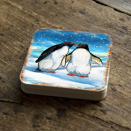 Penguins Coastal Wooden Cork Coasters Gift Set of 4 by Nature Wonders - Coastal Sea-Life Decor - 8198542C-S4-2