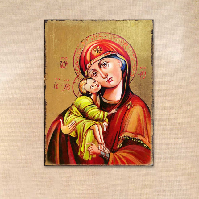 Vladimir Virgin Mary Wooden Gold Plated Religious Orthodox Sacred Icon - Inspirational Icon Decor - 85011-0