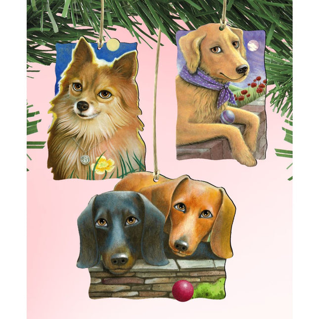 Doggie Companions Wooden Ornaments Set of 3 by Laura Seeley - Pets Dog and Cats Decor - 8100092S3-LS-0