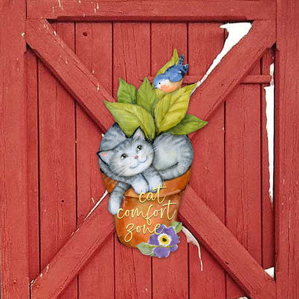 Cat Lovers Welcome Sign Cats Comfort Zone in a Pot Door Wreath - Handmade Gift for Porch Decor by Susan Winget - 8471214H-SW-1