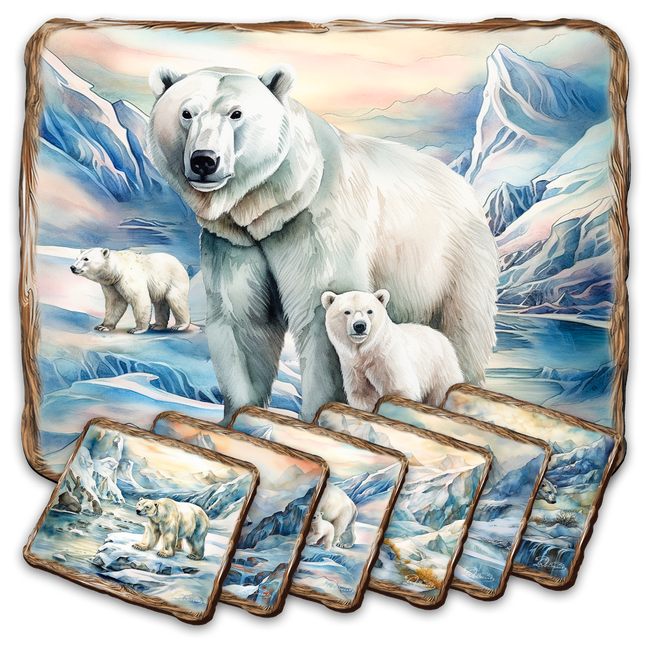 Polar Bear Wooden Cork Placemat and Coasters Gift Set of 7 by Nature Wonders Nature Wildlife Decor  - 85404C-S7-0