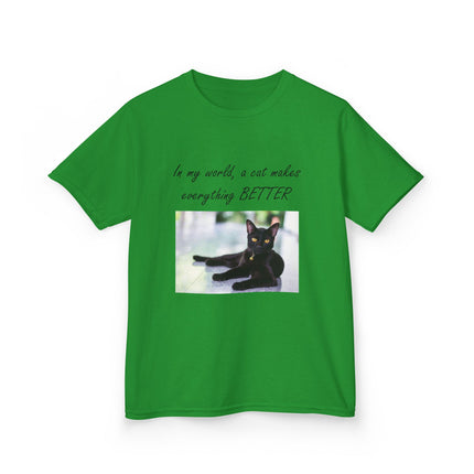 Kids Cat Lover Tee – “A Cat Makes Everything Better” – Heavy Cotton