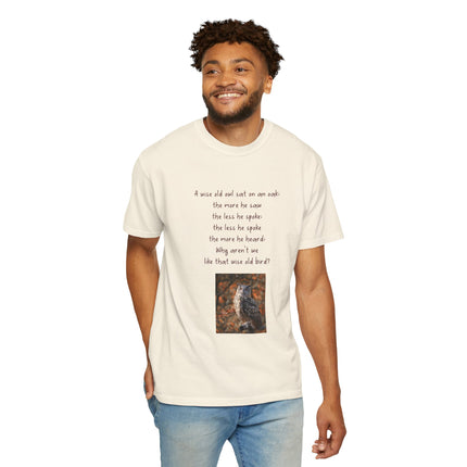 Poem & Owl Graphic T‑Shirt — 'A wise old owl...' Nature Poetry Tee