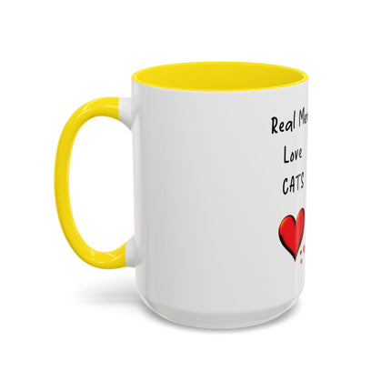 Coffee Mug — "Real Men Love Cats" Accent Ceramic Mug with Cat Photo (11/15 oz)
