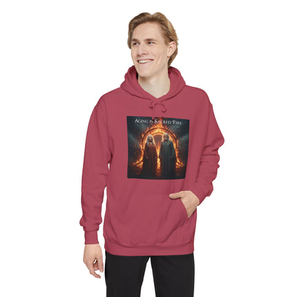 Hoodie - "Aging Is Sacred Fire" Fantasy Cloaked Figures Fire Portal Graphic Hoodie