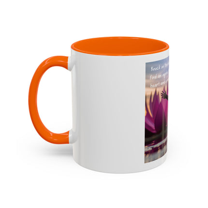 Inspirational Lotus Sunrise Coffee Mug — "knock on the door to my soul"