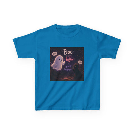 Kids Halloween Tee — "Boo: Hello Ghost Language" Cute Ghost Shirt