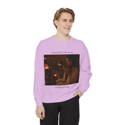 Cozy Candlelit Photo Sweatshirt — "Cacao doesn't wake me up... it brings me home"