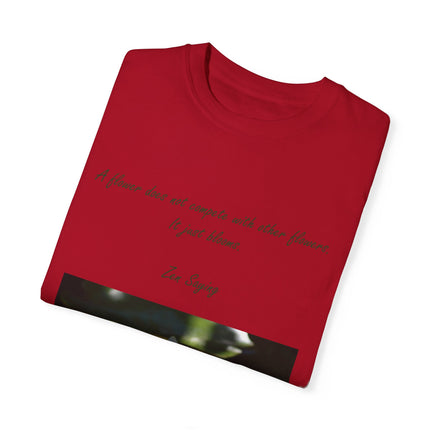 Zen Floral T-Shirt – “A Flower Just Blooms” Floral Quote Tee