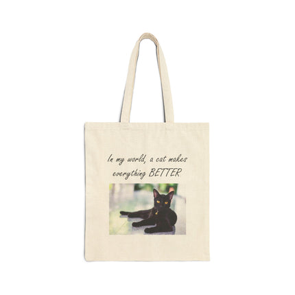 Cat Lover Canvas Tote — “In my world, a cat makes everything BETTER” Cotton Tote Bag