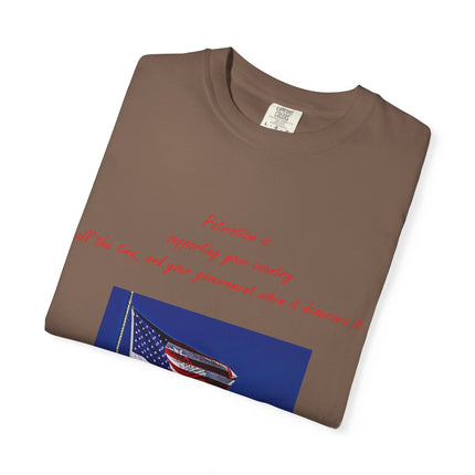 Patriotic Unisex Garment-Dyed T-Shirt with American Flag – Quote by Mark Twain