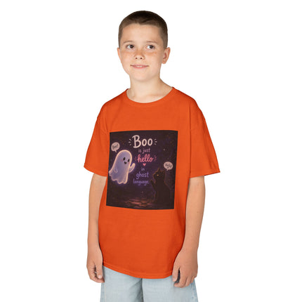 Kids Halloween Tee — "Boo: Hello Ghost Language" Cute Ghost Shirt