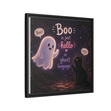 Framed Canvas Art - "Boo is Just Hello" Cute Ghost & Black Cat Halloween Print