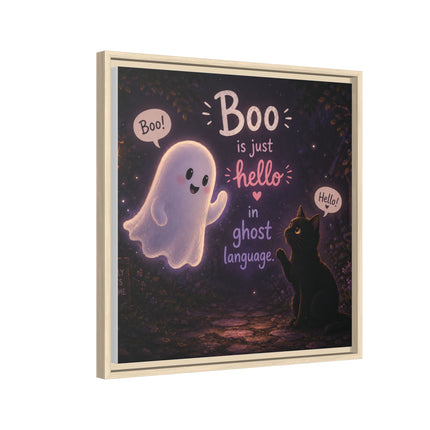 Framed Canvas Art - "Boo is Just Hello" Cute Ghost & Black Cat Halloween Print