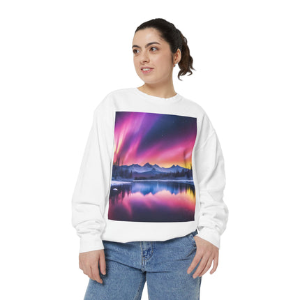 Aurora Lake Crewneck Sweatshirt — Colorful Northern Lights Landscape