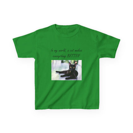 Kids Cat Lover Tee – “A Cat Makes Everything Better” – Heavy Cotton