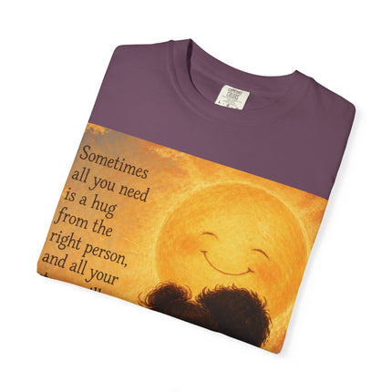 Hug Melt Away T-Shirt — Warm Sunset Illustration & Quote