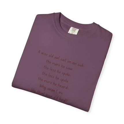 Poem & Owl Graphic T‑Shirt — 'A wise old owl...' Nature Poetry Tee