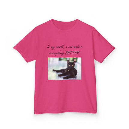 Kids Cat Lover Tee – “A Cat Makes Everything Better” – Heavy Cotton