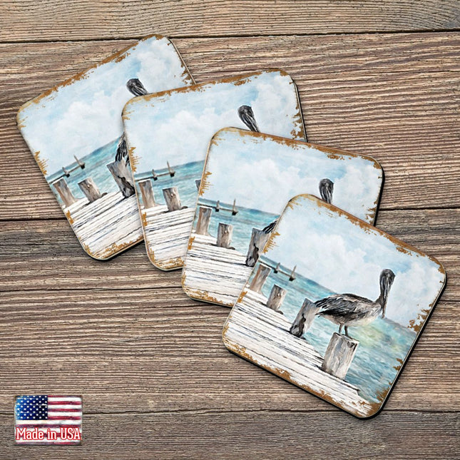 Pelican Coastal Wooden Cork Coasters Gift Set of 4 by Nature Wonders - Coastal Sea-Life Decor - 95252C-S4-0