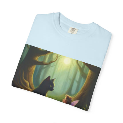 Fairy and Black Cat Forest T-Shirt — Enchanted Woodland Magic Tee