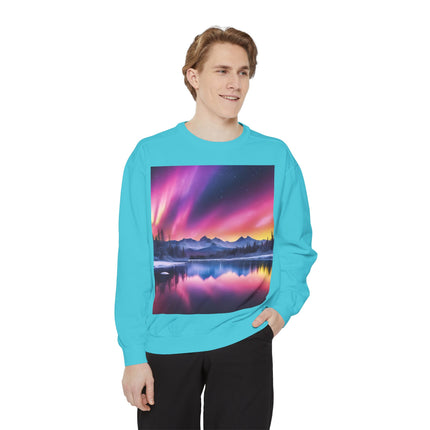 Aurora Lake Crewneck Sweatshirt — Colorful Northern Lights Landscape