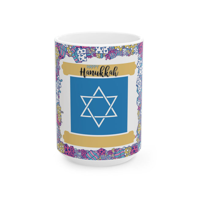Happy Hanukkah Mug – 15oz Ceramic Cup with Blue Star of David