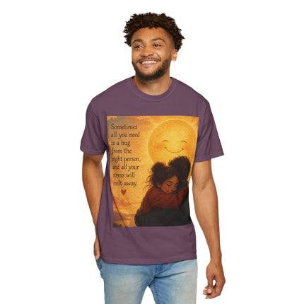 Hug Melt Away T-Shirt — Warm Sunset Illustration & Quote