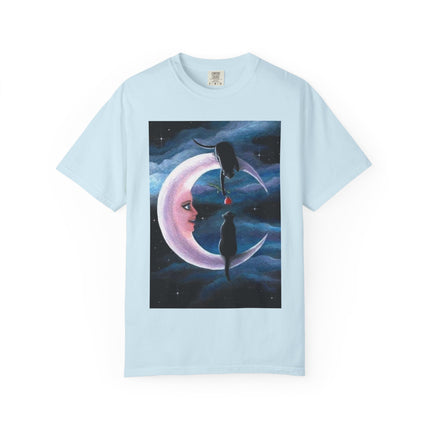 Moonlight Cats Graphic T‑Shirt — Romantic Crescent Moon Art Tee