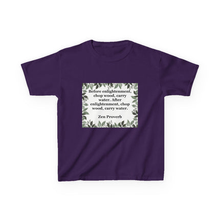 Kids Tee — 'Before enlightenment, chop wood...': Zen Proverb Kids T-Shirt (Leaf Border)
