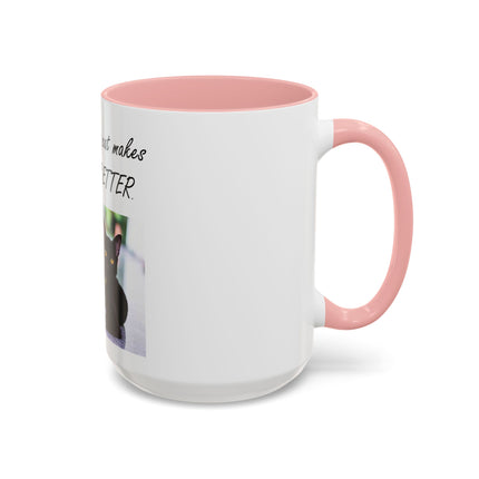Cat Lover Accent Coffee Mug — "In my world, a cat makes everything BETTER" (11/15oz)
