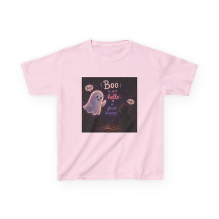 Kids Halloween Tee — "Boo: Hello Ghost Language" Cute Ghost Shirt
