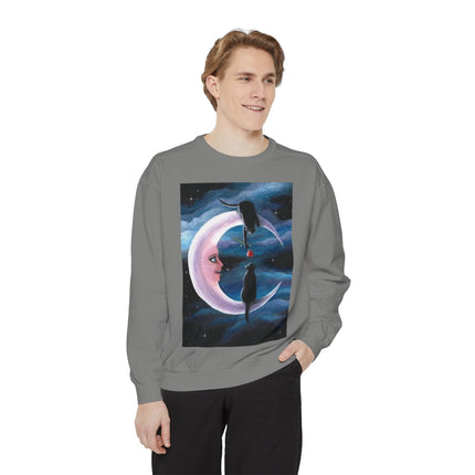 Moonlit Cats Sweatshirt —Whimsical Crescent Moon & Black Cat Graphic
