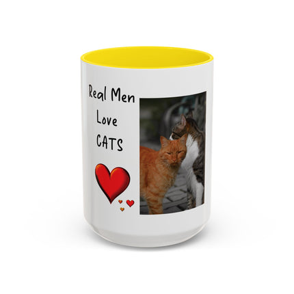 Coffee Mug — "Real Men Love Cats" Accent Ceramic Mug with Cat Photo (11/15 oz)