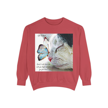 Life is Short Cat & Butterfly Unisex Garment-Dyed Sweatshirt