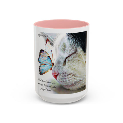 Cat & Butterfly Coffee Mug with 'Life is Short' Inspirational Quote (Accent, 11/15oz)