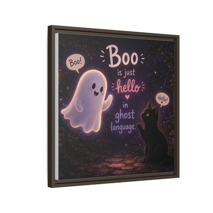 Framed Canvas Art - "Boo is Just Hello" Cute Ghost & Black Cat Halloween Print