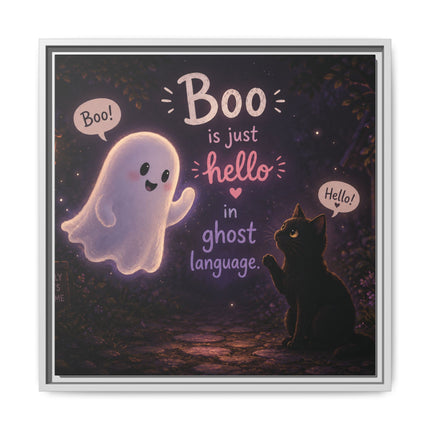 Framed Canvas Art - "Boo is Just Hello" Cute Ghost & Black Cat Halloween Print
