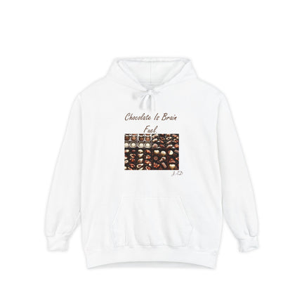 Garment‑dyed unisex hoodie featuring the text “Chocolate Is Brain Fuel” above a tidy grid of assorted chocolates, signed with small artist initials in the corner
